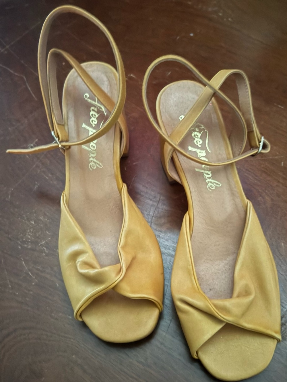 Free People Golden Yellow Leather Twist Peep-Toe Ankle-Strap Sandals